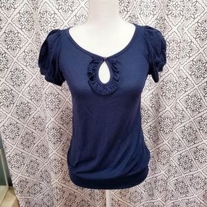 Navy Blue Short Sleeve Shirt w/ Ruffle Key Hole
